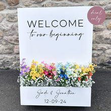 Load image into Gallery viewer, Vinyl Sticker Decal for Flower Box Wedding Sign // DIY Ceremony Signage // Welcome Sign For Ceremony
